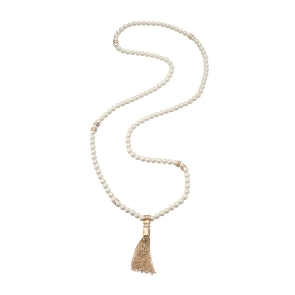 Off-White Faux Pearl Tassel Necklace, 40 Inch Long Strand with Gold Chain Tassel - Picture 1 of 2